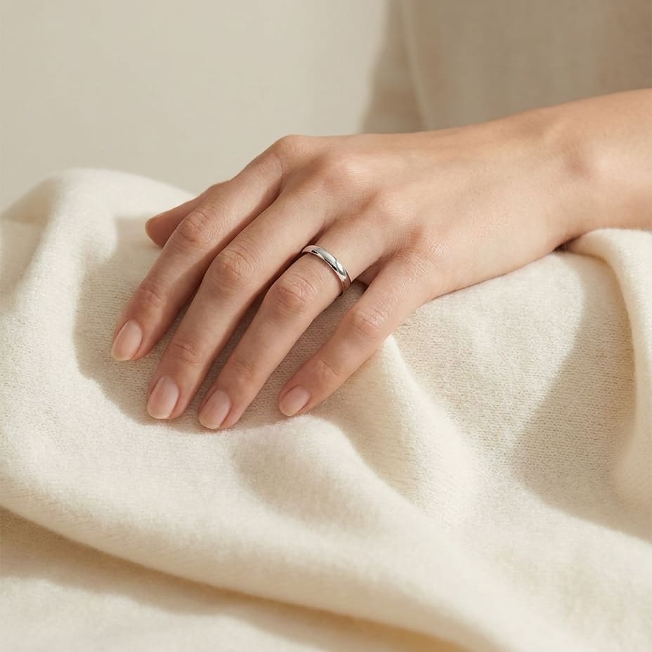 3mm Slightly Domed Comfort-Fit Wedding Band in 14K White Gold, worn on hand, full view