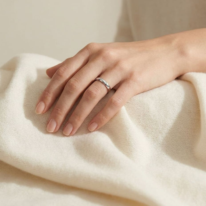 3mm Slightly Domed Comfort-Fit Wedding Band in 14K White Gold, worn on hand, full view