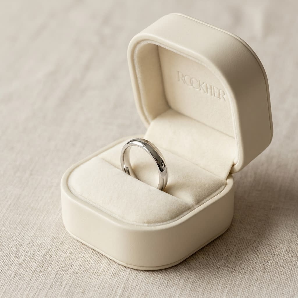 3mm Slightly Domed Comfort-Fit Wedding Band in 14K White Gold, in navy velvet jewelry box