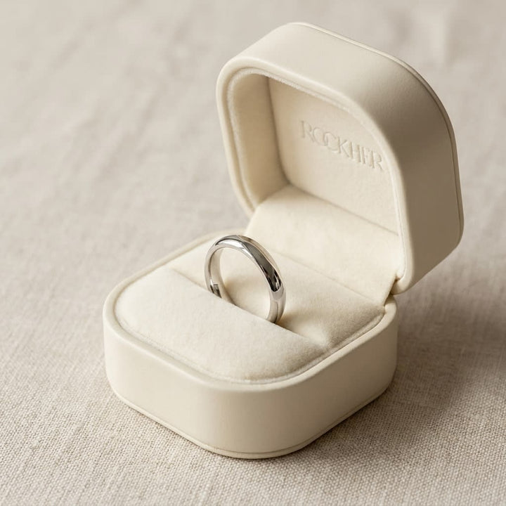 3mm Slightly Domed Comfort-Fit Wedding Band in 14K White Gold, in navy velvet jewelry box