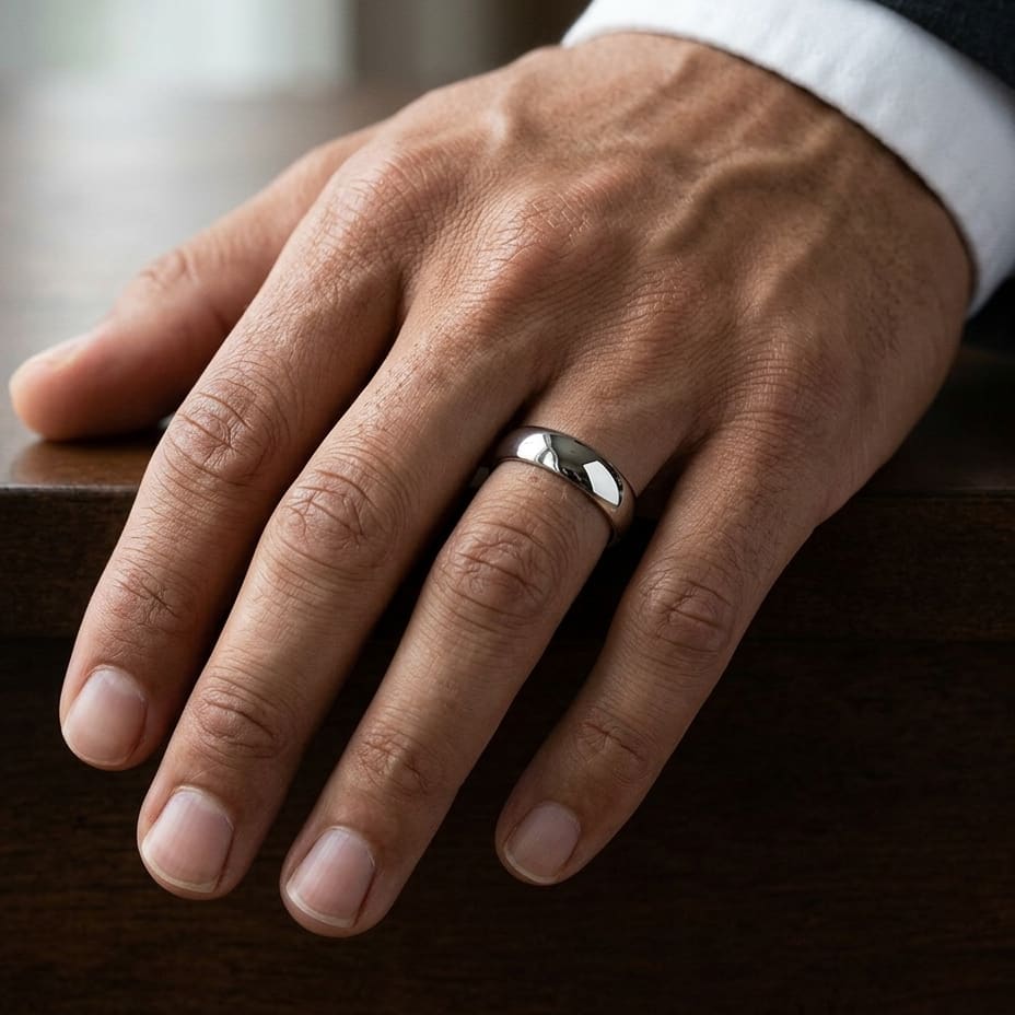 5mm Slightly Domed Comfort-Fit Wedding Band in 14K White Gold, worn on hand, masculine close-up