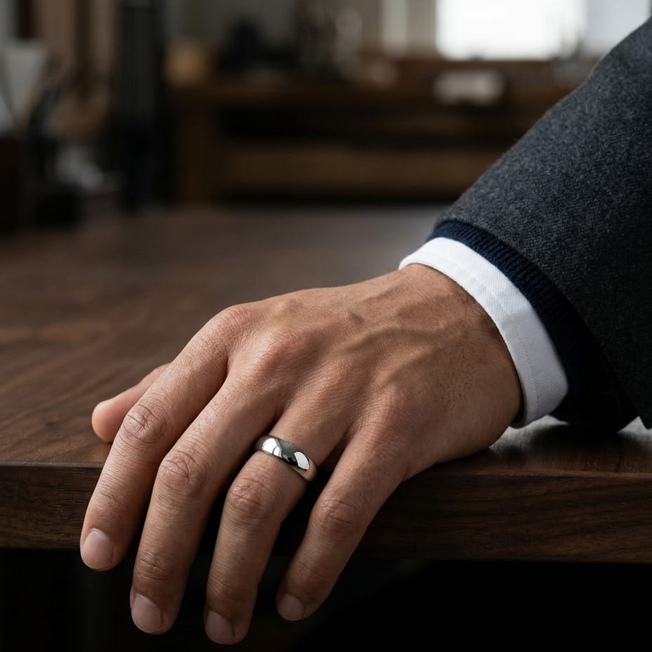 5mm Slightly Domed Comfort-Fit Wedding Band in 14K White Gold, worn on hand, masculine full view