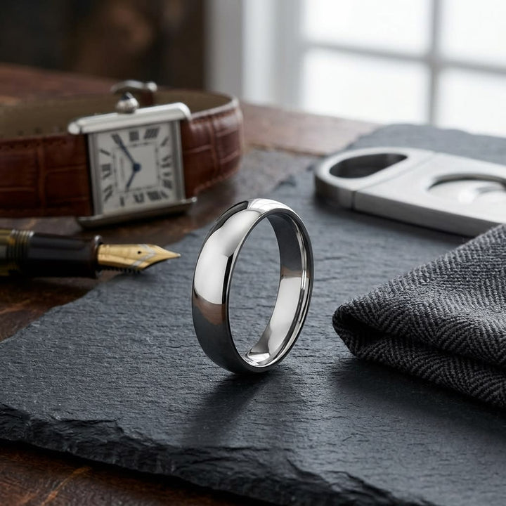 5mm Slightly Domed Comfort-Fit Wedding Band in 14K White Gold, on walnut surface with pocket square