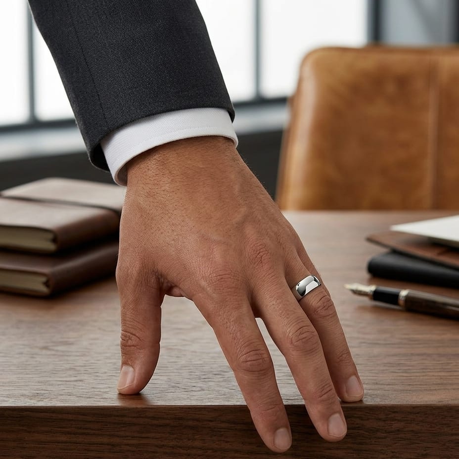 7mm Slightly Domed Comfort-Fit Wedding Band in 14K White Gold, worn on hand, masculine full view