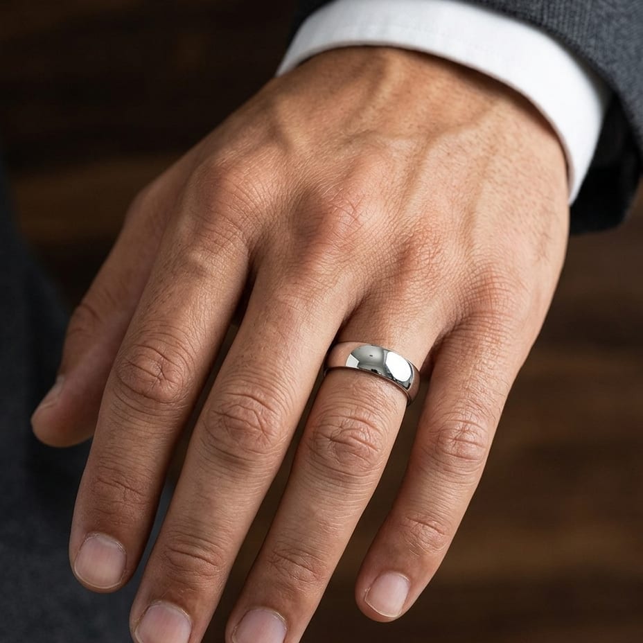8mm Slightly Domed Comfort-Fit Wedding Band in 14K White Gold, worn on hand, masculine close-up