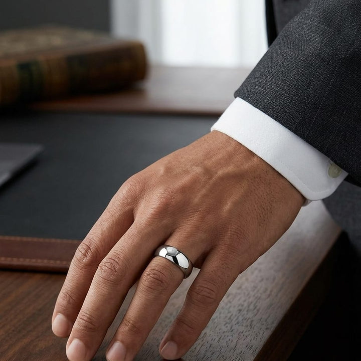 8mm Slightly Domed Comfort-Fit Wedding Band in 14K White Gold, worn on hand, masculine full view