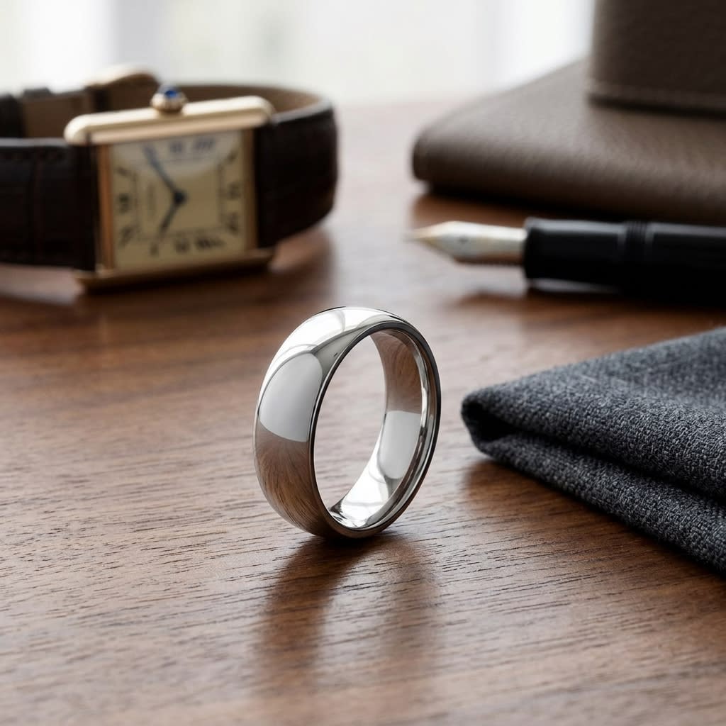 8mm Slightly Domed Comfort-Fit Wedding Band in 14K White Gold, on walnut surface with pocket square