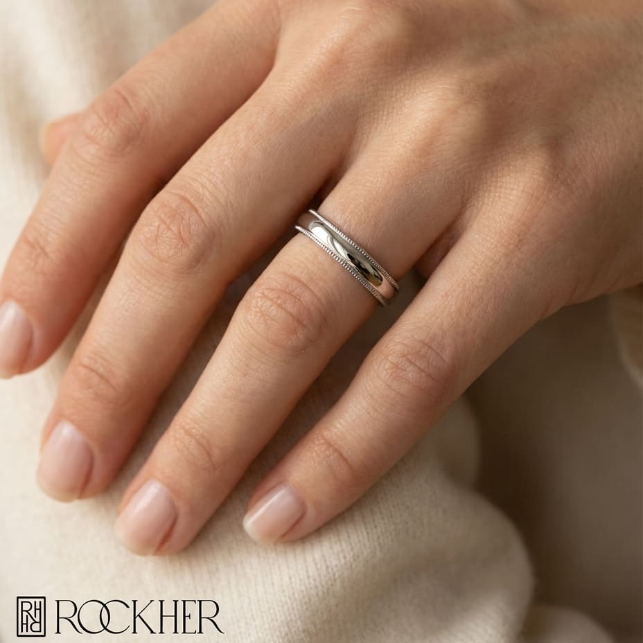 4mm Slightly Domed Milgrain Comfort-Fit Wedding Band in 14K White Gold, worn on hand, close-up