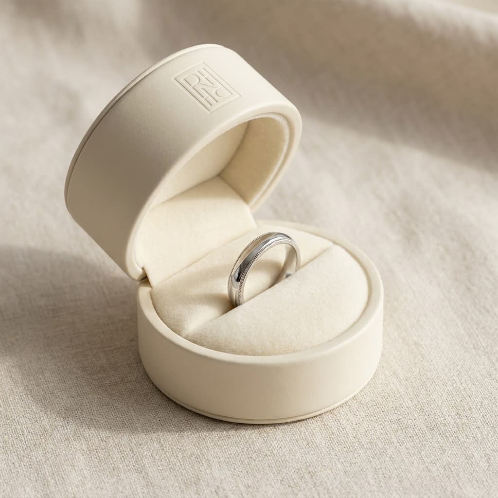 4mm Slightly Domed Milgrain Comfort-Fit Wedding Band in 14K White Gold, in navy velvet jewelry box