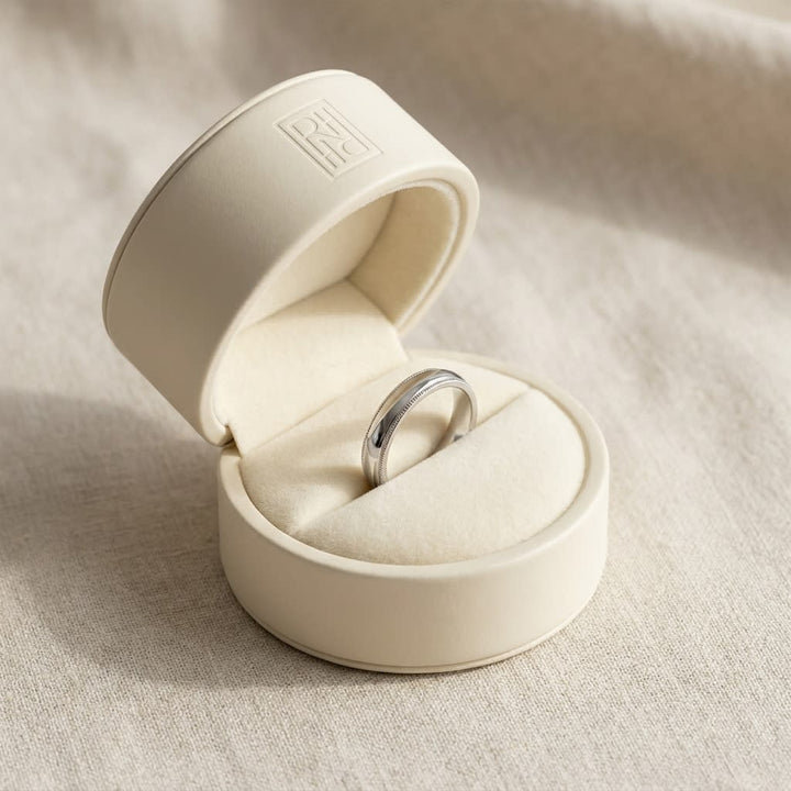 4mm Slightly Domed Milgrain Comfort-Fit Wedding Band in 14K White Gold, in navy velvet jewelry box