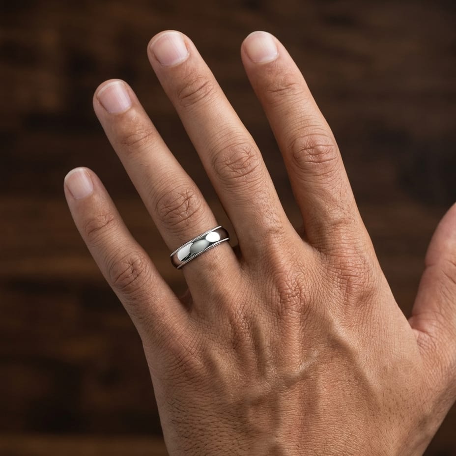 5mm Slightly Domed Milgrain Comfort-Fit Wedding Band in 14K White Gold, worn on hand, masculine close-up