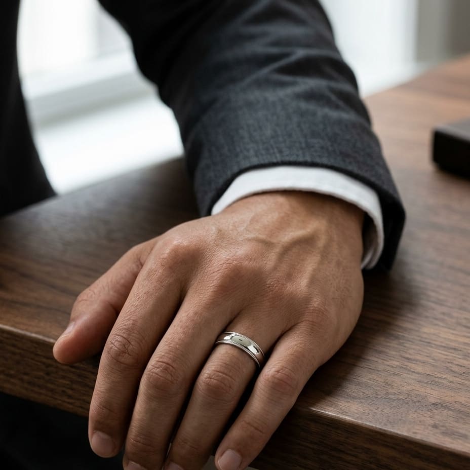 5mm Slightly Domed Milgrain Comfort-Fit Wedding Band in 14K White Gold, worn on hand, masculine full view