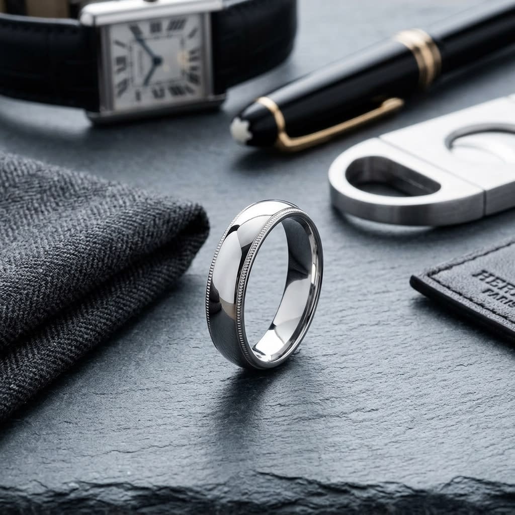 5mm Slightly Domed Milgrain Comfort-Fit Wedding Band in 14K White Gold, on walnut surface with pocket square