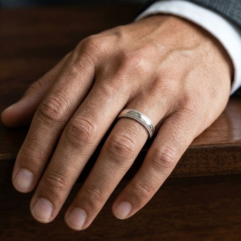 5mm Slightly Domed Double Milgrain Comfort-Fit Wedding Band in 14K White Gold, worn on hand, masculine close-up