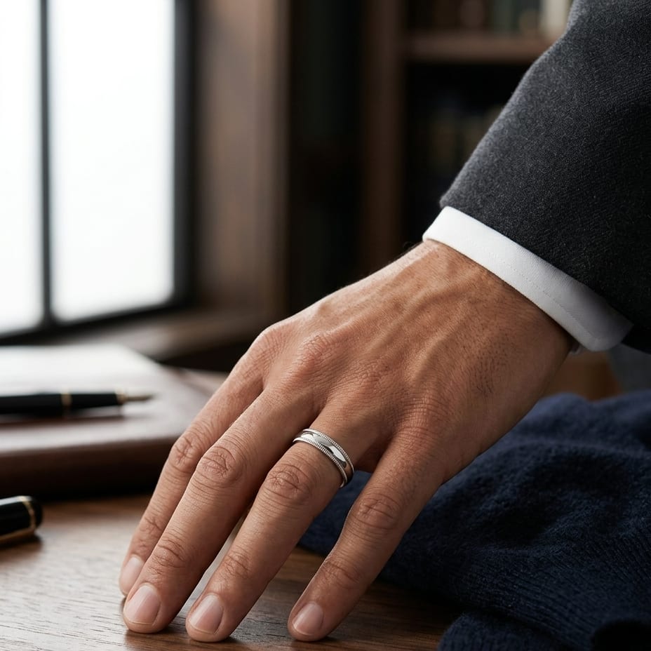 5mm Slightly Domed Double Milgrain Comfort-Fit Wedding Band in 14K White Gold, worn on hand, masculine full view