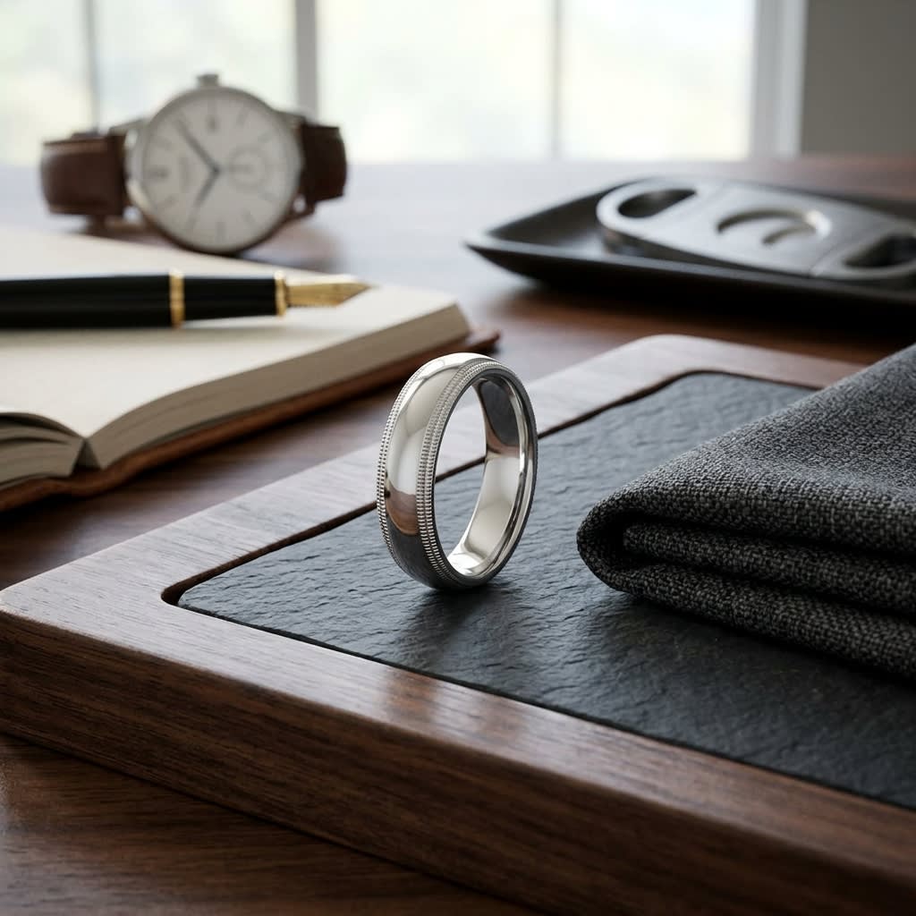 5mm Slightly Domed Double Milgrain Comfort-Fit Wedding Band in 14K White Gold, on walnut surface with pocket square