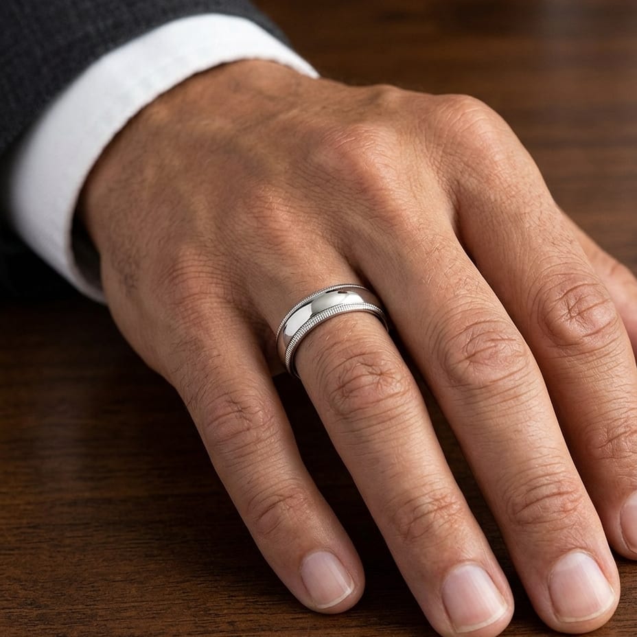 7mm Slightly Domed Double Milgrain Comfort-Fit Wedding Band in 14K White Gold, worn on hand, masculine close-up