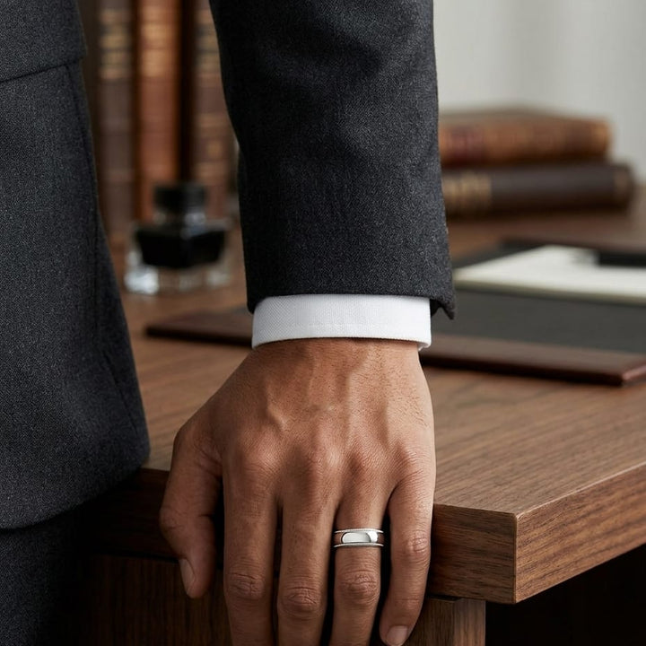 7mm Slightly Domed Double Milgrain Comfort-Fit Wedding Band in 14K White Gold, worn on hand, masculine full view