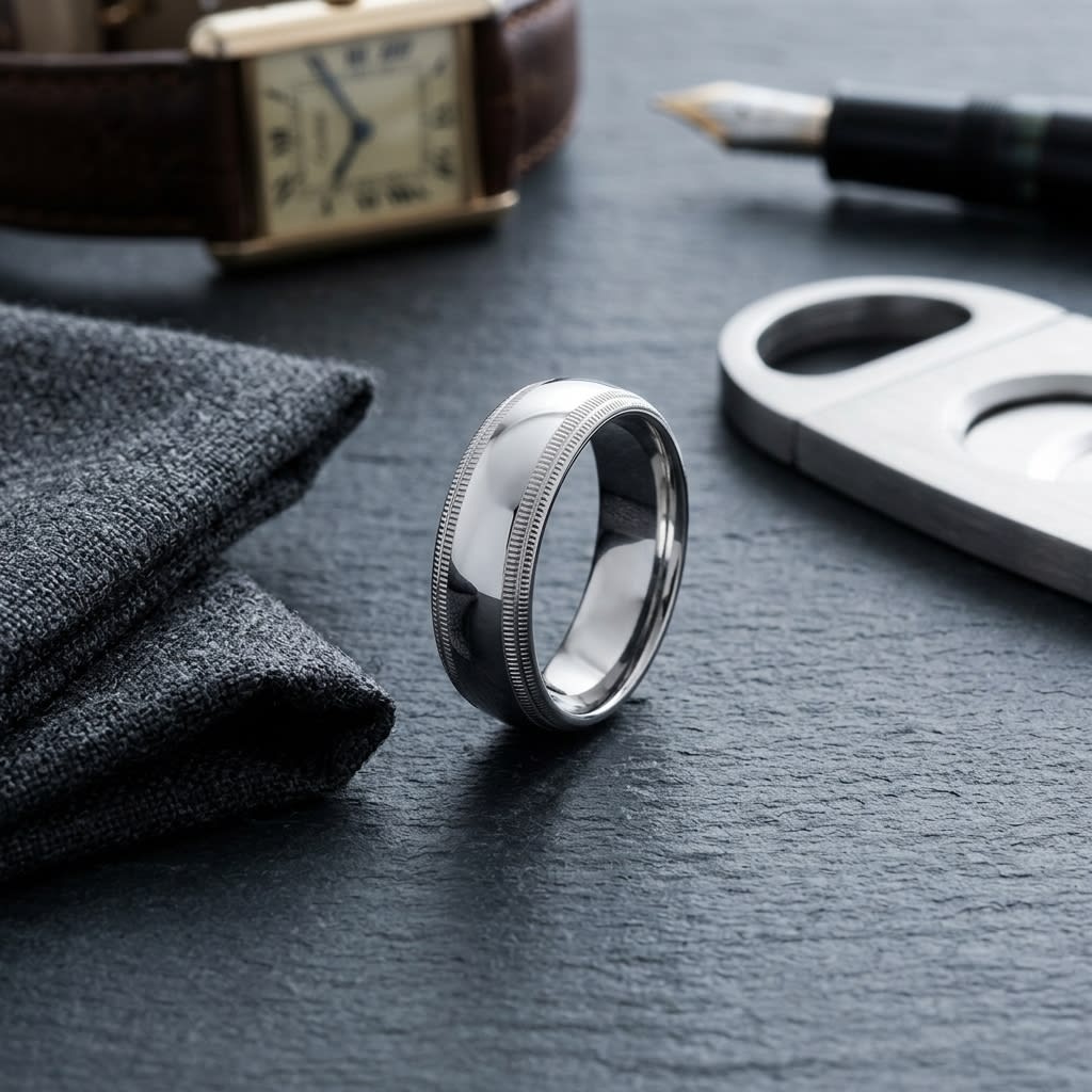 7mm Slightly Domed Double Milgrain Comfort-Fit Wedding Band in 14K White Gold, on walnut surface with pocket square