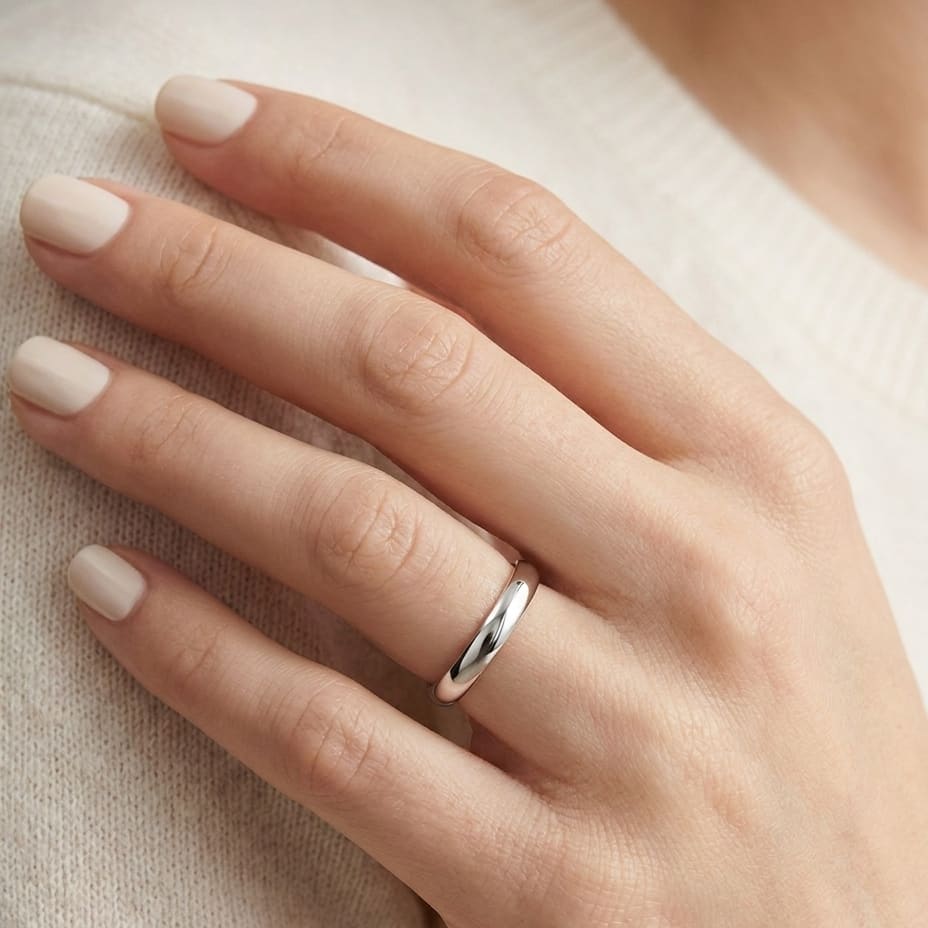 3mm Slightly Domed Super Light Comfort-Fit Wedding Band in 14K White Gold, worn on hand, close-up