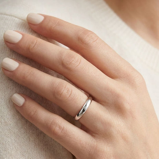 3mm Slightly Domed Super Light Comfort-Fit Wedding Band in 14K White Gold, worn on hand, close-up