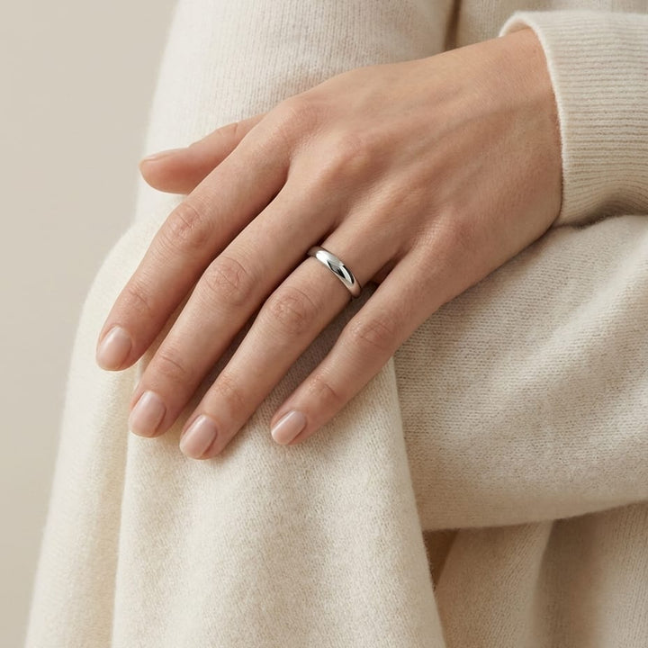 3mm Slightly Domed Super Light Comfort-Fit Wedding Band in 14K White Gold, worn on hand, full view