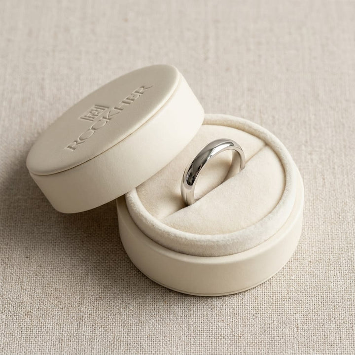 3mm Slightly Domed Super Light Comfort-Fit Wedding Band in 14K White Gold, in navy velvet jewelry box