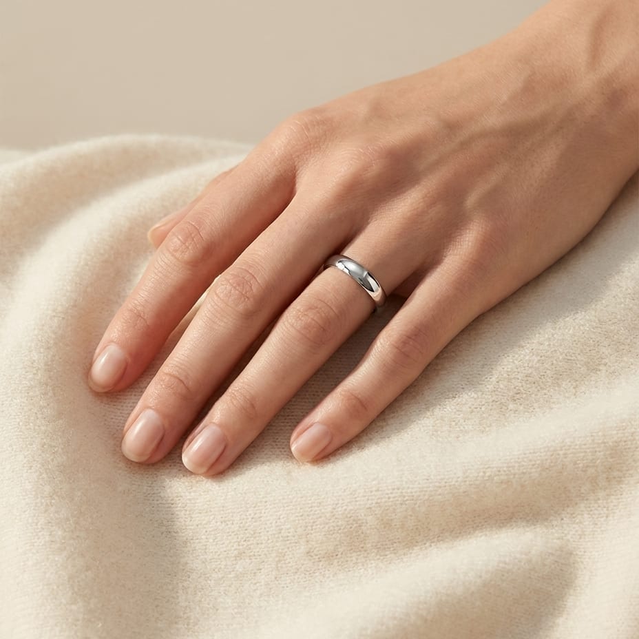 4mm Slightly Domed Super Light Comfort-Fit Wedding Band in 14K White Gold, worn on hand, full view