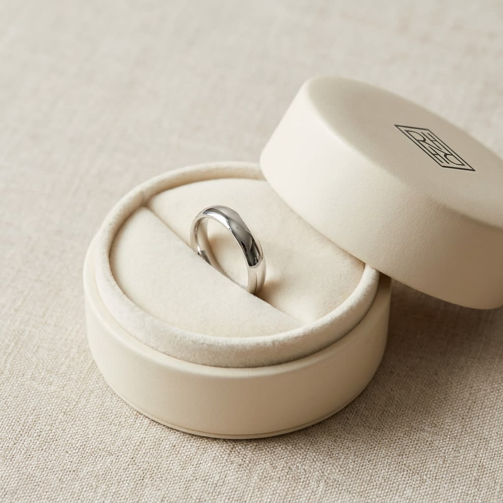 4mm Slightly Domed Super Light Comfort-Fit Wedding Band in 14K White Gold, in navy velvet jewelry box