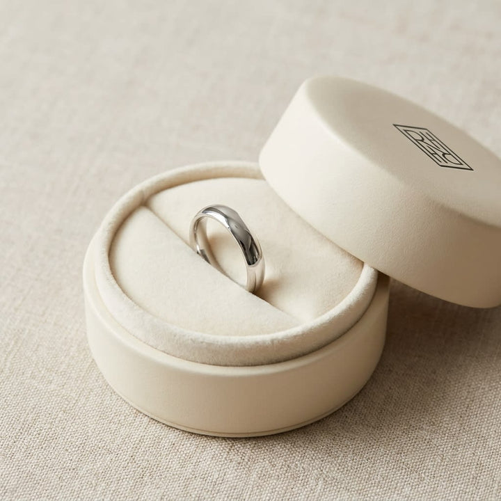 4mm Slightly Domed Super Light Comfort-Fit Wedding Band in 14K White Gold, in navy velvet jewelry box