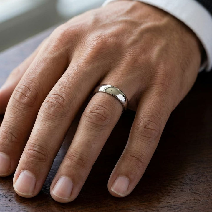 5mm Slightly Domed Super Light Comfort-Fit Wedding Band in 14K White Gold, worn on hand, masculine close-up