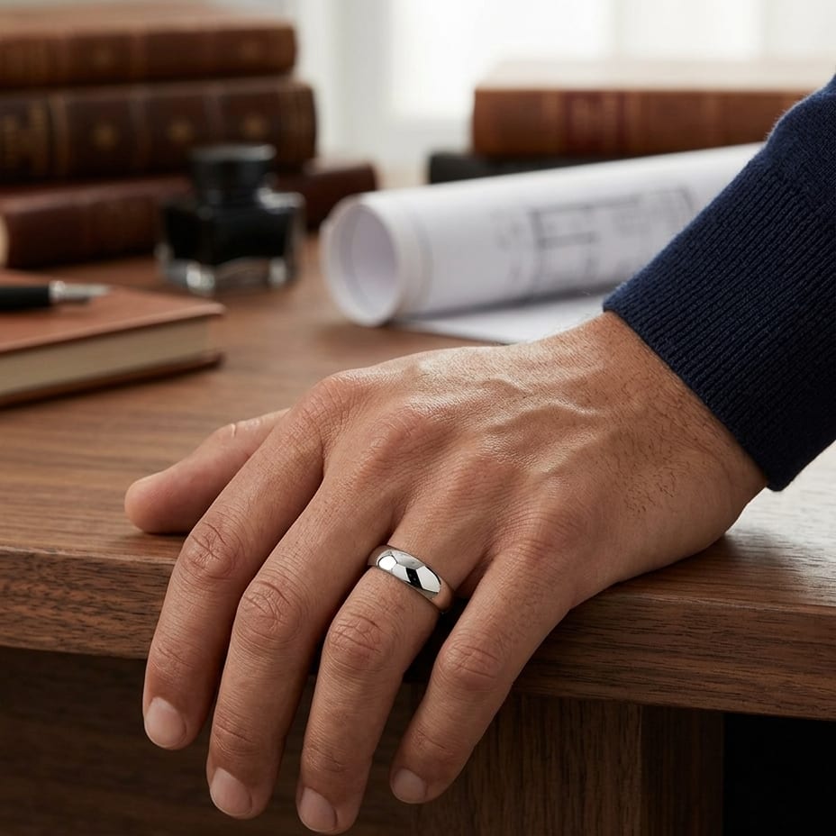 5mm Slightly Domed Super Light Comfort-Fit Wedding Band in 14K White Gold, worn on hand, masculine full view