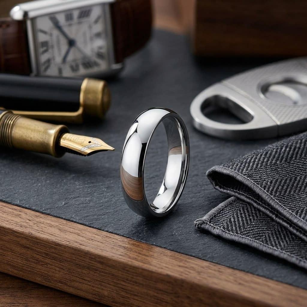5mm Slightly Domed Super Light Comfort-Fit Wedding Band in 14K White Gold, on walnut surface with pocket square