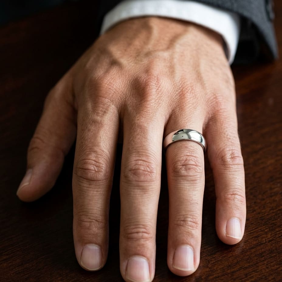 6mm Slightly Domed Super Light Comfort-Fit Wedding Band in 14K White Gold, worn on hand, masculine close-up