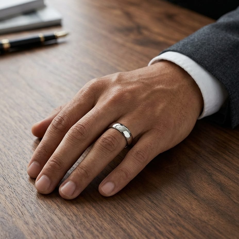 6mm Slightly Domed Super Light Comfort-Fit Wedding Band in 14K White Gold, worn on hand, masculine full view
