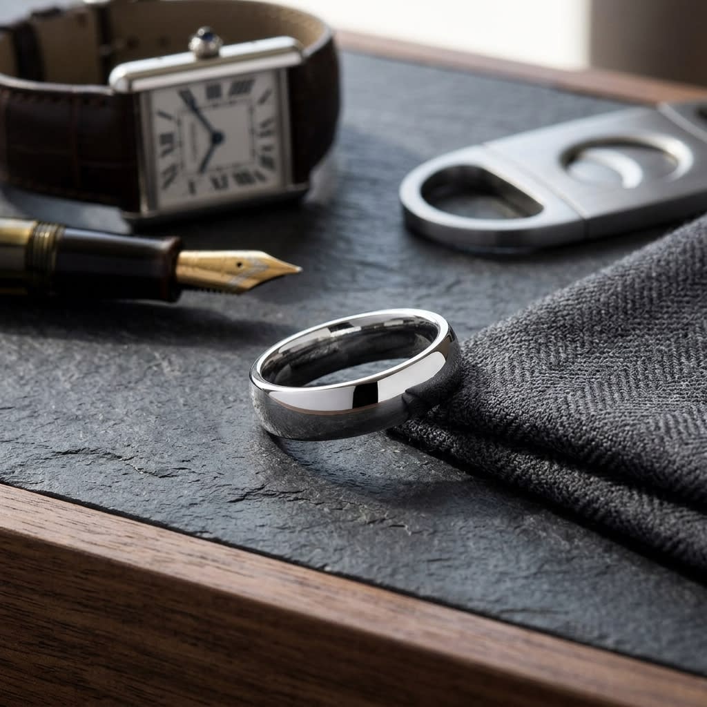 6mm Slightly Domed Super Light Comfort-Fit Wedding Band in 14K White Gold, on walnut surface with pocket square