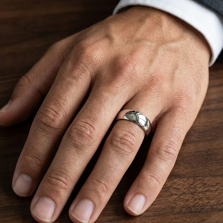 7mm Slightly Domed Super Light Comfort-Fit Wedding Band in 14K White Gold, worn on hand, masculine close-up
