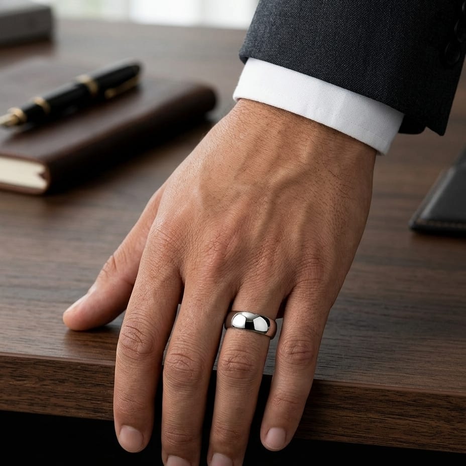 7mm Slightly Domed Super Light Comfort-Fit Wedding Band in 14K White Gold, worn on hand, masculine full view