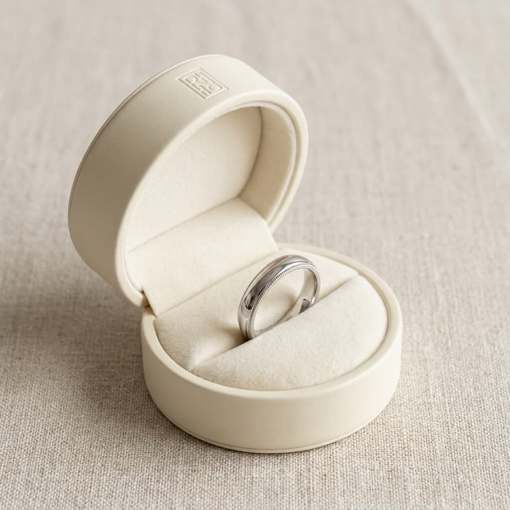 4mm Slightly Domed Super Light Milgrain Comfort-Fit Wedding Band in 14K White Gold, in navy velvet jewelry box