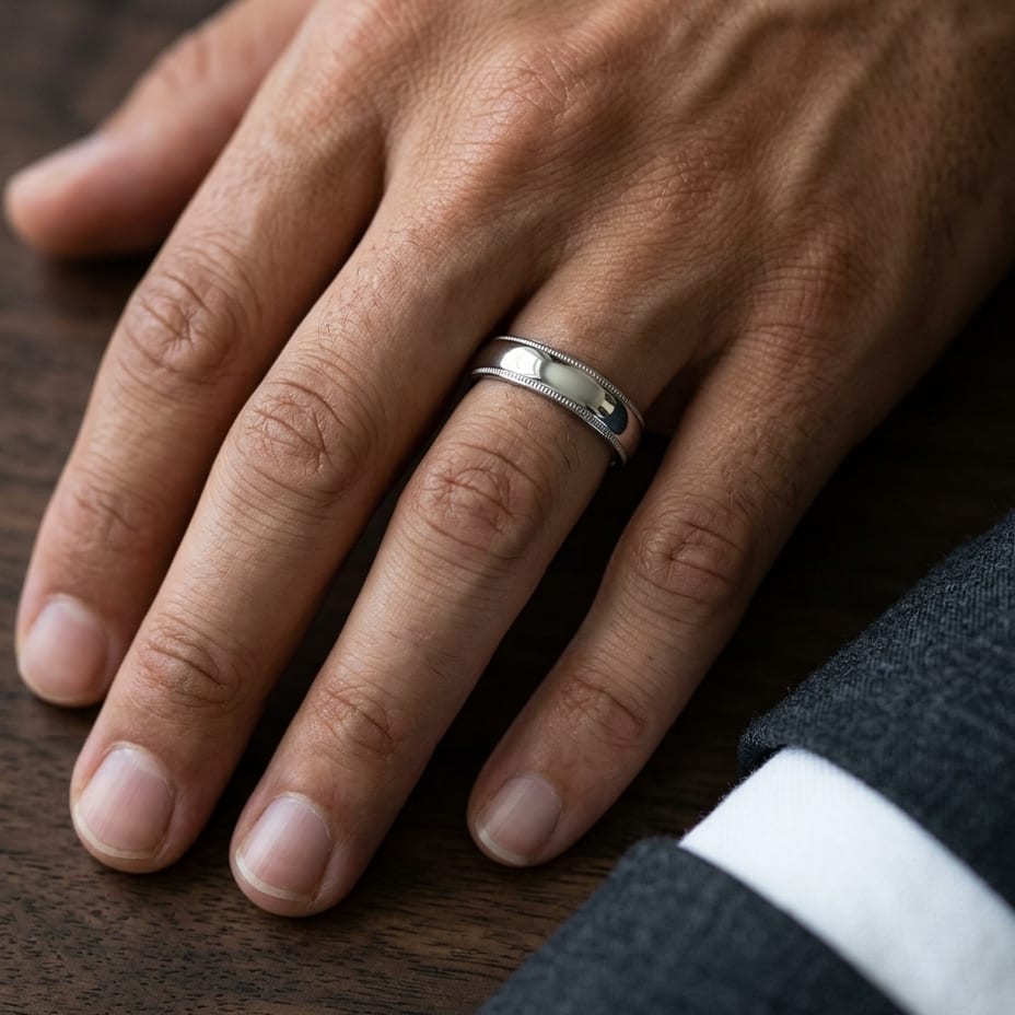 5mm Slightly Domed Super Light Milgrain Comfort-Fit Wedding Band in 14K White Gold, worn on hand, masculine close-up