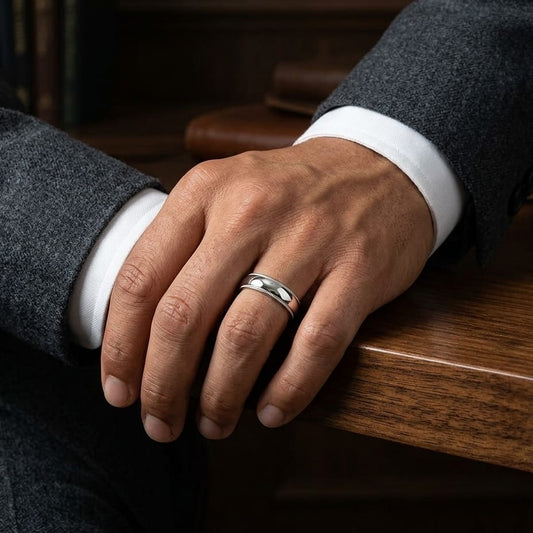 5mm Slightly Domed Super Light Milgrain Comfort-Fit Wedding Band in 14K White Gold, worn on hand, masculine full view