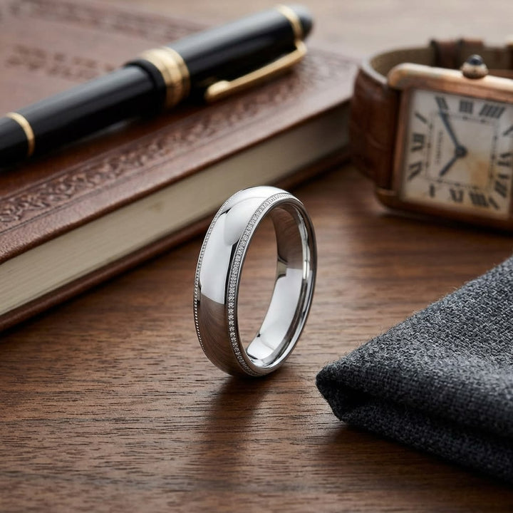 5mm Slightly Domed Super Light Milgrain Comfort-Fit Wedding Band in 14K White Gold, on walnut surface with pocket square