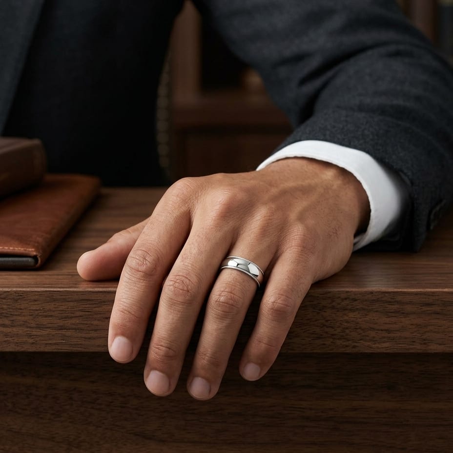 6mm Slightly Domed Super Light Milgrain Comfort-Fit Wedding Band in 14K White Gold, worn on hand, masculine full view