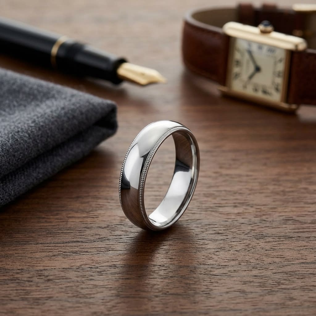 6mm Slightly Domed Super Light Milgrain Comfort-Fit Wedding Band in 14K White Gold, on walnut surface with pocket square