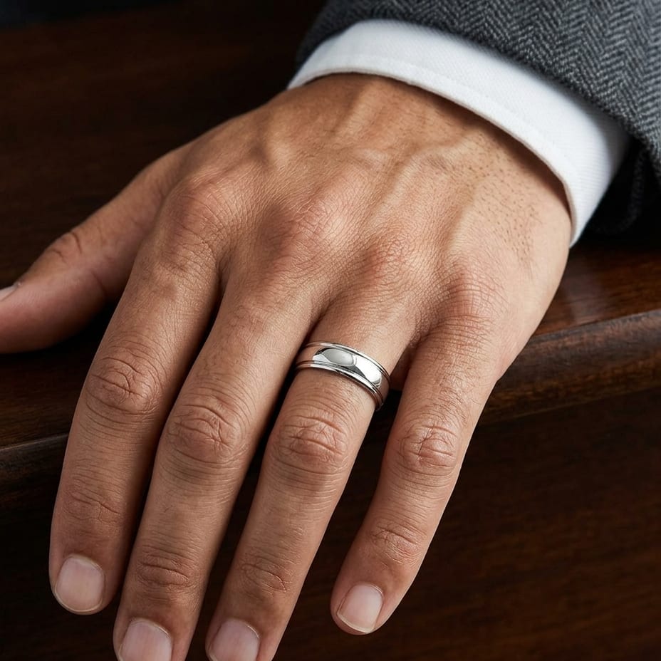 6mm High Polish Carved Wedding Band in 14K White Gold, worn on hand, masculine close-up