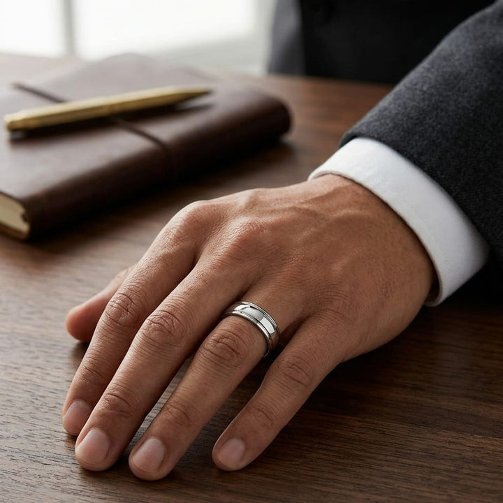 6mm High Polish Carved Wedding Band in 14K White Gold, worn on hand, masculine full view