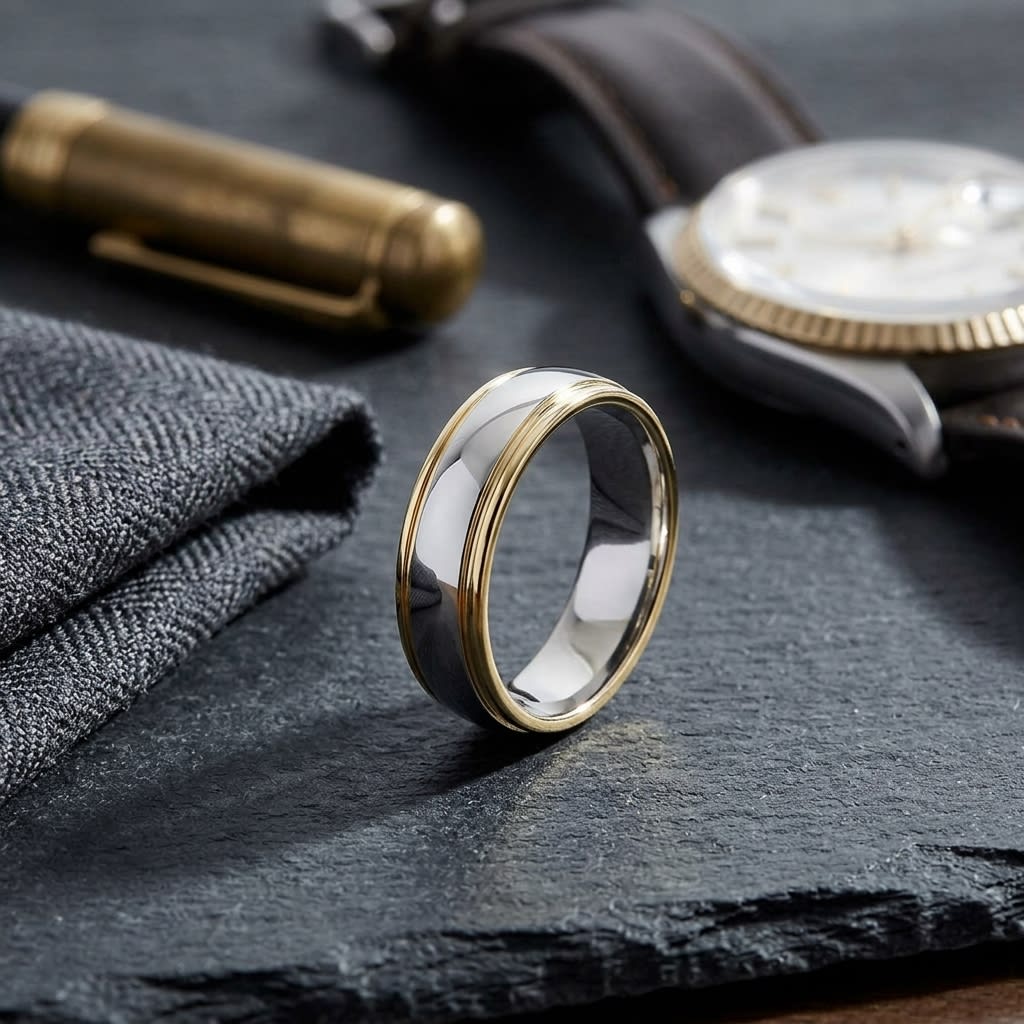 6mm High Polish Carved Wedding Band in 14K White Gold, on walnut surface with pocket square