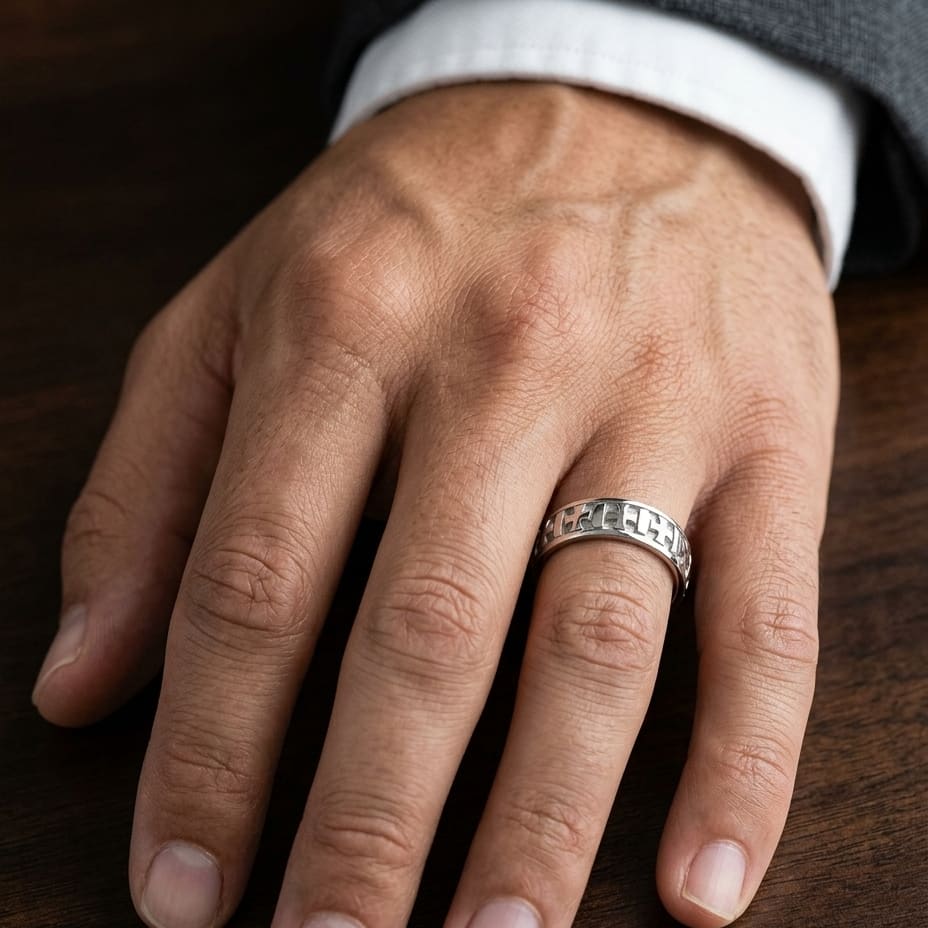 6mm Comfort-Fit Wedding Band in 14K White Gold, worn on hand, masculine close-up