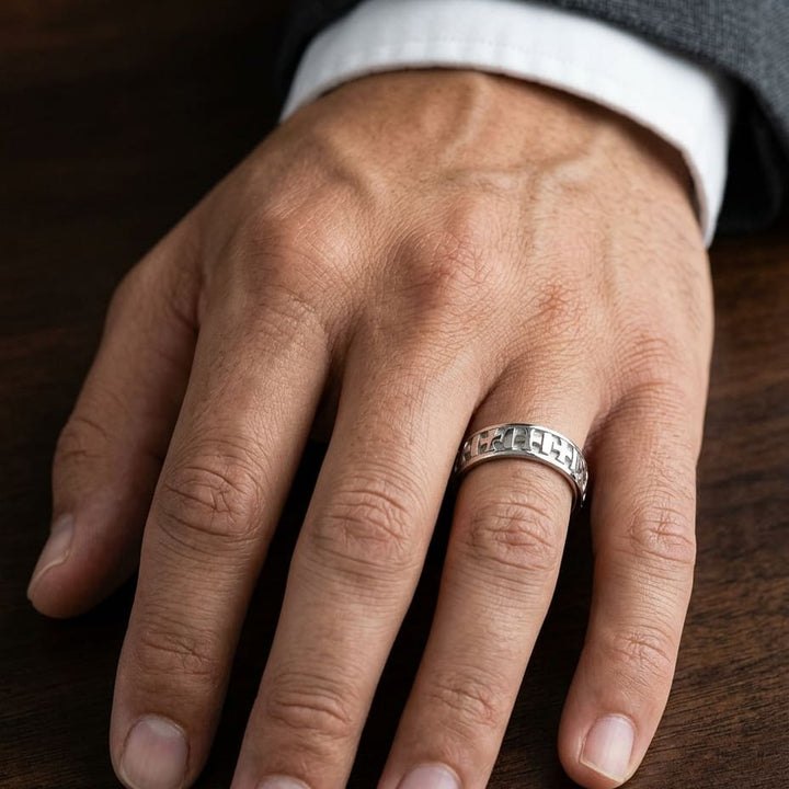 6mm Comfort-Fit Wedding Band in 14K White Gold, worn on hand, masculine close-up