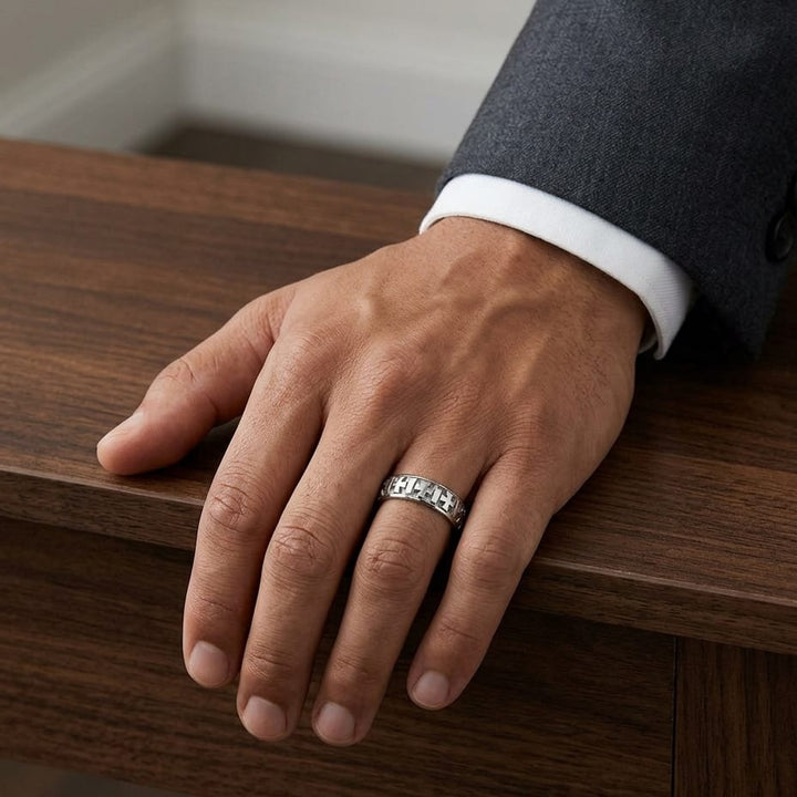 6mm Comfort-Fit Wedding Band in 14K White Gold, worn on hand, masculine full view